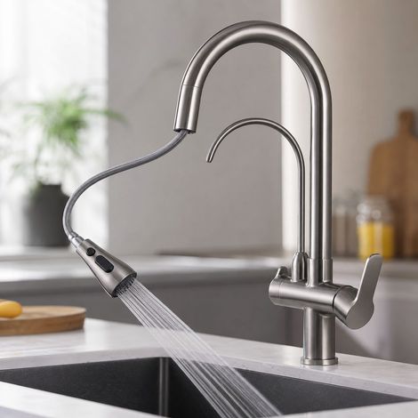 Robinet de cuisine 304 inoxydable gris, extensible 60cm, rotatif 360°, mitigeur eau chaude/froide, douchette 3 modes avec arrêt (1/5)