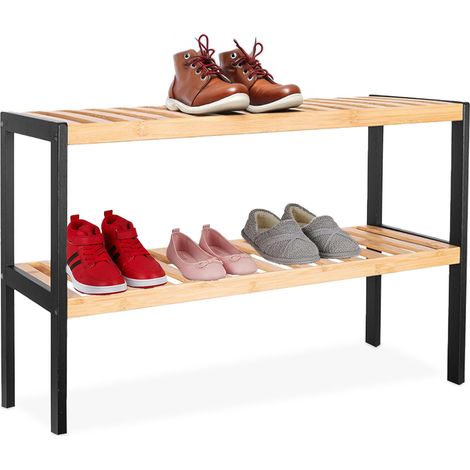 Scarpiere Relaxdays, HxLxP: 33 x 70 x 26 cm, bambù, 2 ripiani, 6 paia di scarpe, scarpiere a griglia, naturale/nero
