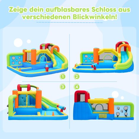Trampoline aquatique multifonctionnel pour enfants avec souffleur 450W, château gonflable avec toboggan, mur d'escalade, panier de basket et cible de lancer, parc de jeux pour toute l'année, idéal jar (1/5)