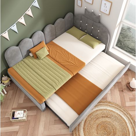 Lit gigogne 90x200 cm avec tête de lit couronne, velours gris, sans matelas (1/5)
