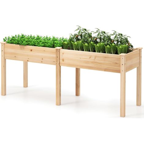 GOPLUS Jardinières Exterieur Surélevé en Bois de Sapin avec Pieds, 184 x 58 x 77 CM, Carre Potager Élevée avec Séparateur, 8 Trous de Drainage, Idéal pour Légumes, Fleurs, pour Patio, Jardin (Naturel) (1/5)