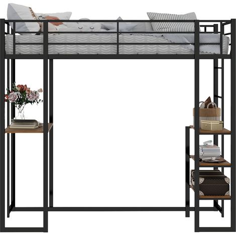 Cadre de lit en fer forgé avec sommier et table, dimensions 90 x 190 cm, idéal pour les chambres d'enfants et d'adolescents. Ce cadre de lit en fer forgé est équipé d'une barrière et d'un escalier, et (1/4)