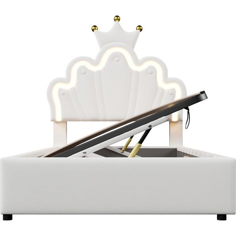 Lit capitonné 90 x 200 cm en PU blanc avec LED, coffre hydraulique et tête de lit réglable (1/5)