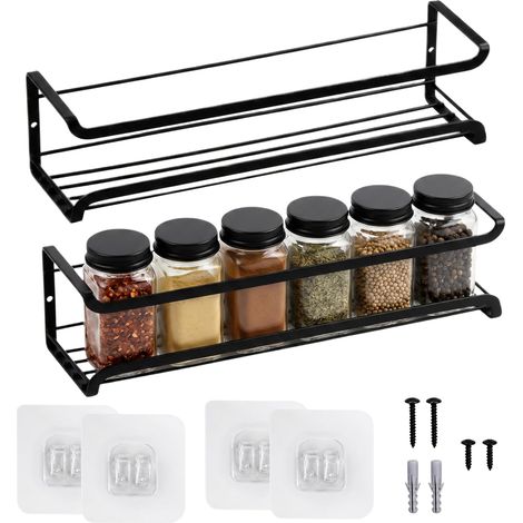 2 Pièces Rangement Epices Cuisine, Étagère à Épices Murale Métal Organisateurs à Épices avec auto-adhésif et vis, Sans Perçage Étagère à Épices Pour Cuisine Porte d'Armoire ou Salle de Bain (1/5)
