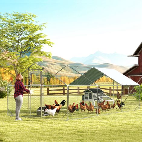 Gallinero Metálico de Exterior de 3x6m con Percha Multiusos Comedero Colgante Tipo Brocheta y Lona Protectora Resistente (1/5)