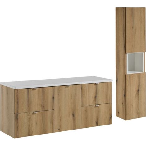 Set VANO aspetto rovere e bianco 170cm: mobile sotto lavabo con cassetti e cesto per la biancheria integrato + piano per lavabo + colonna