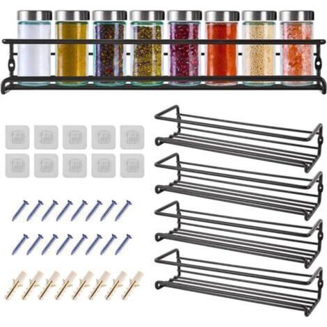 Etagere a Epices Murale Metal, 4 PCS Rangement Epices Cuisine Mural-Approximativement 29×8×6cm, L'ensemble de Etagere Epices Cuisine Mural-Noire Porte Epices Cuisine Mural