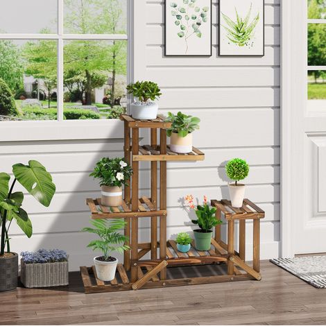 REDOM estantería para plantas 95x28x96.5 cm, 6 niveles, diseño vertical asimétrico, madera naranja quemado (1/5)