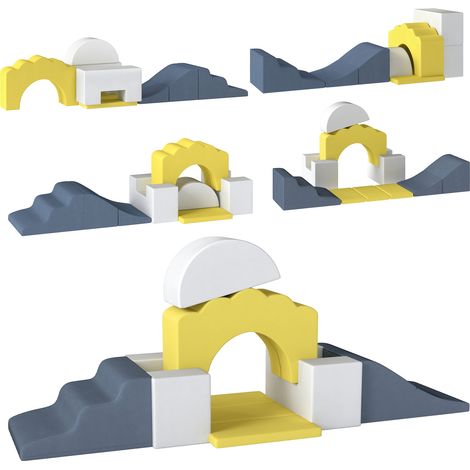 Parcours motricité bébé 7 blocs mousse éducatifs modulables, housse lavable velours, base antidérapante, jaune (1/4)