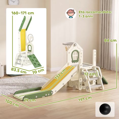 Un toboggan pour enfants de 1 à 3 ans (avec structure d'escalade, panier de basket, espace de rangement et marches antidérapantes couleur crème). (1/5)