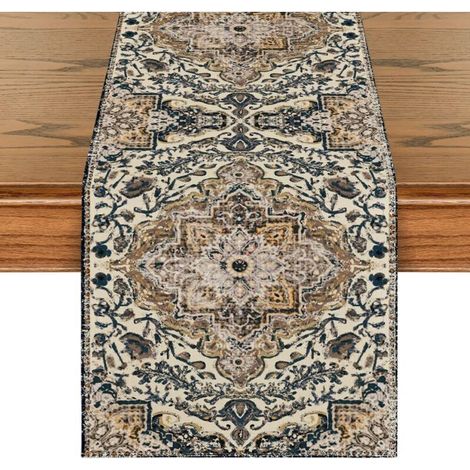 1 PCS Chemin de table de style bohème, bleu foncé, style bohème rustique, ferme, magique, décoration intérieure, vacances, fête, 33 x 183 cm (1/4)