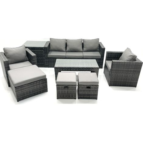 Fimous 8-Sitzer Polyrattan Gartensofa Set Couchtisch 2 Sessel 3 Hockern Beistelltisch Dunkelgrau Gemischt