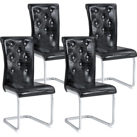 Lot de 4 Chaises de salle à manger, Chaises cantilever luge pour cuisine et salon, Rétro effet crocodile simili cuir avec boutons en cristal, Noir (1/5)