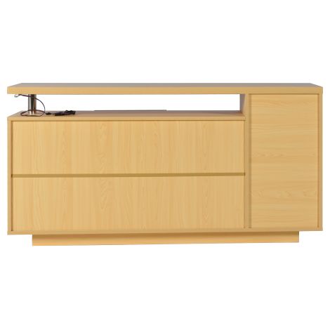 Aparador de 140 cm con iluminación LED, 2 puertas, 3 cajones y 2 compartimentos abiertos para salón y comedor, blanco y color madera