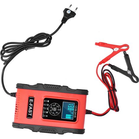 Intelligentes Batterieladegerät 12 V/12 A bis 24 V/6 A, 7-stufiges Laden mit Reparaturimpulsen, für Auto, Motorrad, Boot, rot und schwarz, EU-Stecker, 100–240 V (1/5)