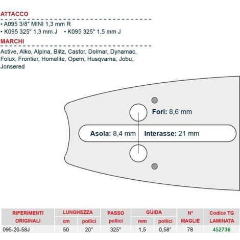 Barra motosega da legna lunghezza 50 cm per catena maglie 78 452736