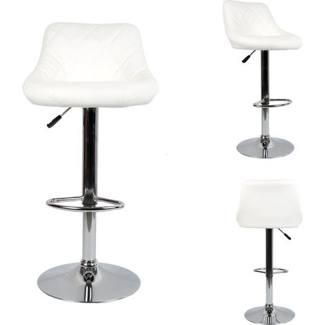 Tabouret de bar 2, chaise de cuisine moderne, avec dossier repose-pieds sans accoudoir en similicuir chromé design pivotant réglable en hauteur, blanc (1/5)