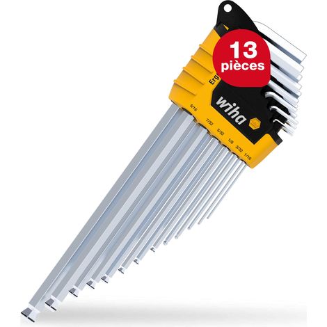 Wiha Jeu de clés mâles 13 pièces dans étui ErgoStar I Six pans à tête sphérique MagicRing® I 1,3 mm - 9,5 mm I Chromé mat, exécution en pouces (43852)