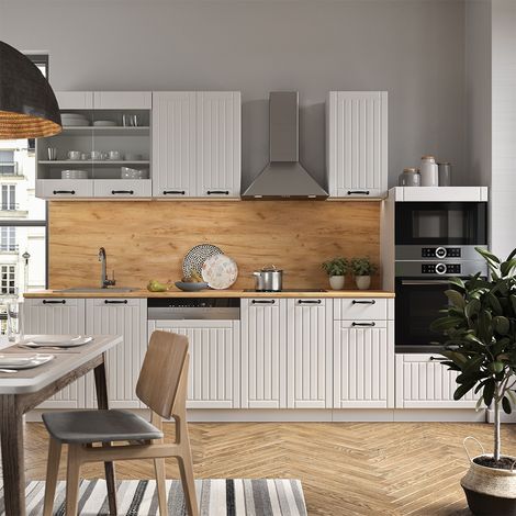 Cucina componibile Fame-Line, Casa di campagna bianca/bianco, 300 cm con armadio alto, PL Marmo, Vicco