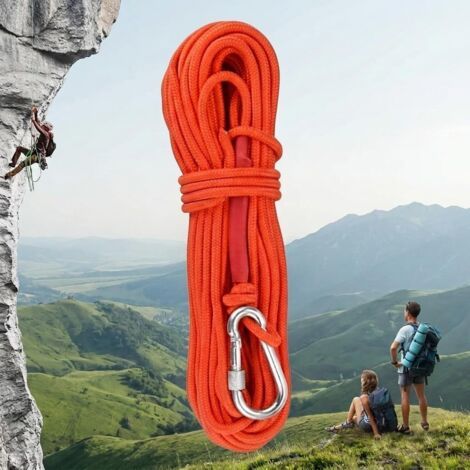 20 m langes, geflochtenes Polypropylenseil, Kletterseil mit Karabiner, UV-Schutz, rutschfest, zum Angeln, Bergsteigen, Camping, Rettungseinsätze und Wandern – Orange