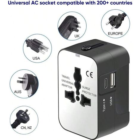 Adaptateur de voyage mondial tout-en-un - Adaptateur de prise secteur AC universel avec ports USB-C et USB-A pour USA, UE, AUS (Noir) (1/5)
