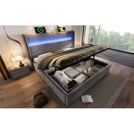 Lit coffre LED 160x200 cm gris, lit double rembourré avec tête de lit haute, USB et Type-C, rangement hydraulique, sommier à lattes inclus, sans matelas (1/5)