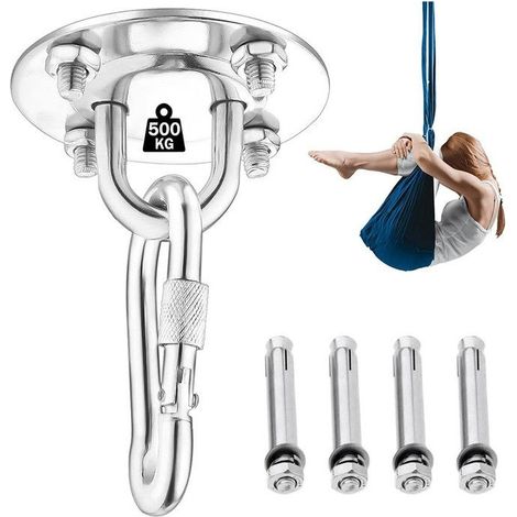 Crochet de plafond pour suspendre des hamacs, du yoga, des chaises suspendues, kit d'entraînement de suspension en acier inoxydable (avec mousqueton et vis de fixation) (1/5)
