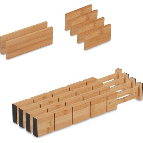 Relaxdays Drawer Divider, 10-Piece Set, Bamboo, Adjustable Length from 34 to 44 cm, Wardrobe / Closet Storage, Natural
