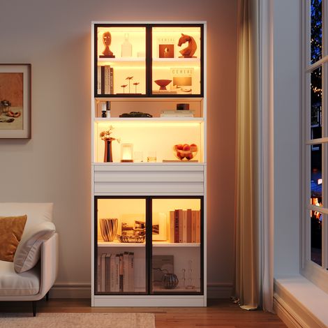 Vetrina da soggiorno 80 x 35 x 200 cm con 4 ante in vetro 1 cassetto e luci led rgb controllabili tramite app mobile libreria moderna in mdf bianco (1/5)