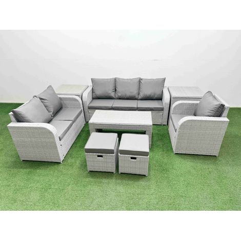 Fimous Patio PE Wicker 8 Seater Outdoor Rattan Furniture Sofa Sets with Oblong Coffee Table Reclining Chair Loveseat Sofa 3 Seater Sofa Stool 2 Side Table Light Grey (1/4)