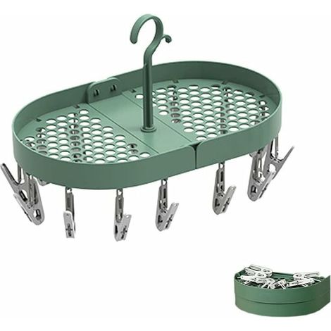 Stendibiancheria per calzini, stendibiancheria per vestiti appesi, pieghevole, multifunzionale, con gancio girevole a 360° e 14 mollette, per lingerie, calzini, asciugamani (verde) (1/5)