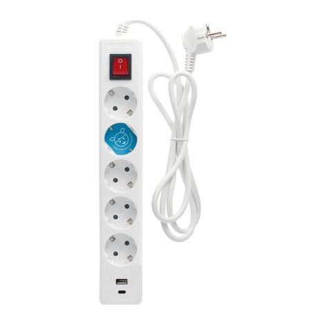 Base múltiple 5T+USB C+A con interruptor (3x1,5mm) con cable de 1,4m fabricada en polipropileno color blanco