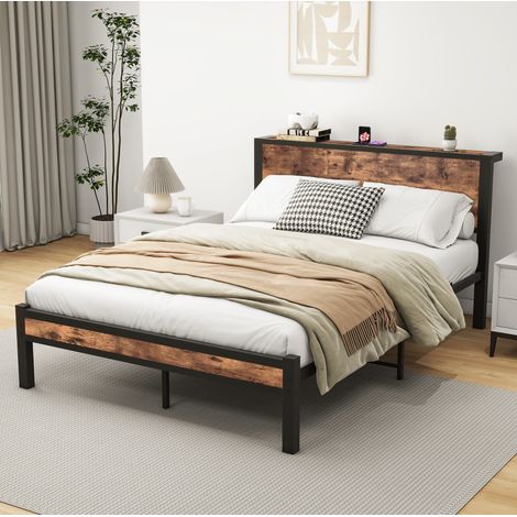 Letto singolo 140x200 cm, con testiera contenitore, struttura in metallo, MDF e metallo, marrone antico (1/5)