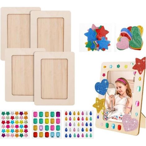 4Pcs Cadres Photo en Bois A6, 14x19cm Cadre Photo en Bois Vierge, DIY Cadre Photo avec des Autocollants en Forme de Diamant et Poudre D'or pour Enfant Créatif Projet de Dessin DIY, Affichage de Table (1/5)