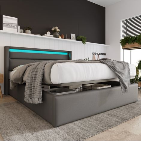 Cama con canapé 160x200 cm en PU gris con LED y almacenaje, sin colchón – MEUBLIV (1/5)