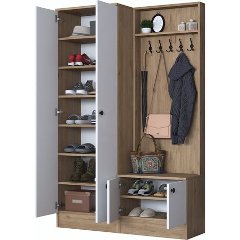 Mueble de Entrada Osilo, 9 Estantes, Perchero, 4 Puertas, 120x38x183h cm Blanco