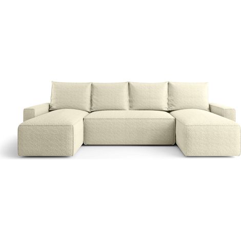 Canapé d’angle tissu bouclé panoramique convertible avec coffre SOFYA-Blanc cassé (1/5)