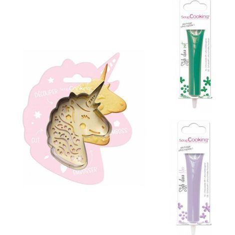 Kit pour biscuit en relief Licorne + 2 Stylos au chocolat vert et lilas