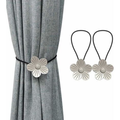 Boucle de Rideau, 2 Pièces Magnétique Corde de Rideau, Embrasses de Rideaux, Bretelles pour Rideaux, Fleurs en Métal, pour Rideaux de Chambre à Coucher de Salon (Argent)
