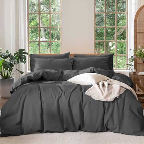 Parure de lit 200 x 220 cm en coton percale gris foncé uni housse de couette 200 x 220 cm et taies d'oreiller avec fermeture éclair (1/5)