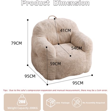 Pouf poire en mousse déchiquetée, canapé gonflable en fourrure synthétique avec repose-bras, idéal salon, chambre, coin lecture, sans montage, coloris beige (1/5)