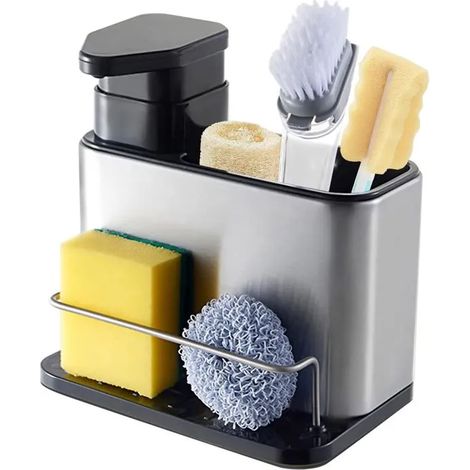 Rangement Evier,Distributeur de Liquide Vaisselle avec Porte-Éponge et Porte-Brosse,Porte Éponge Evier Cuisine en Acier (1/5)