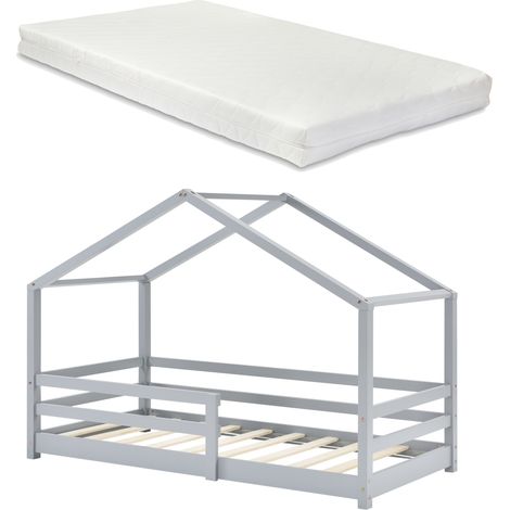 Kinderbett Knätten 90x200 cm mit Rausfallschutz + Lattenrost + Kaltschaummatratze Hellgrau [en.casa]