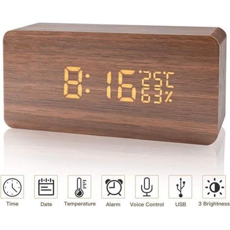 Réveil numérique - Bois - LED - 3 niveaux de luminosité - Rechargeable USB - Mixte (1/4)