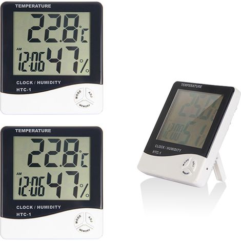 Lot de 3 grands thermomètres numériques à écran LCD avec température, horloge, hygromètre, météo et humidité pour la maison et le bureau (1/5)