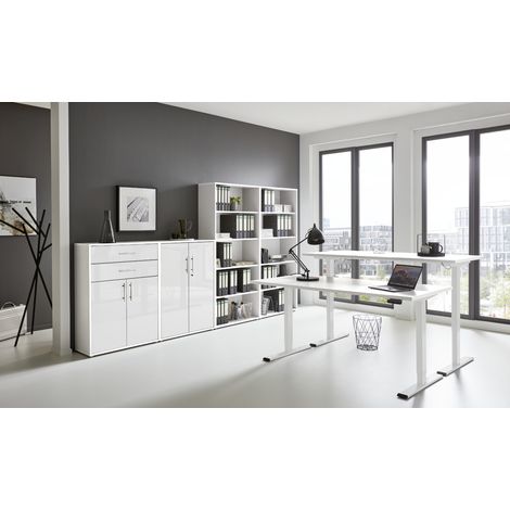 BMG Möbel Büromöbel-Set, e-Office Edition Set 21, Schreibtisch höhenverstellbar, 138 cm, weiß/ weiß hochglanz