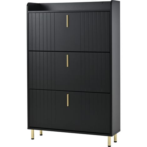Zapatero slim de 3 puertas abatibles en MDF negro con patas y tiradores metálicos dorados (1/5)