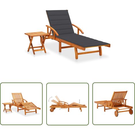 INLIFE Chaise longue de jardin avec table et coussin Bois d'acacia (1/5)