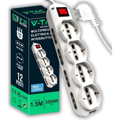 Multiprise 12 Prises avec Interrupteur et câble 1,5 m - 8 Prises latérales 10/16 A Bypass et 4 Prises Avant 10/16 A Schuko - Multiprise pour Maison, Bureau, Magasin, Prise 16 A - Blanc (1/5)