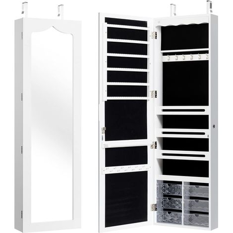 Goplus – Armoire à bijoux murale avec miroir et lumière LED – Rangement sécurisé avec serrure – Dimensions 120 x 36,5 x 11,5 cm – MDF blanc (1/5)